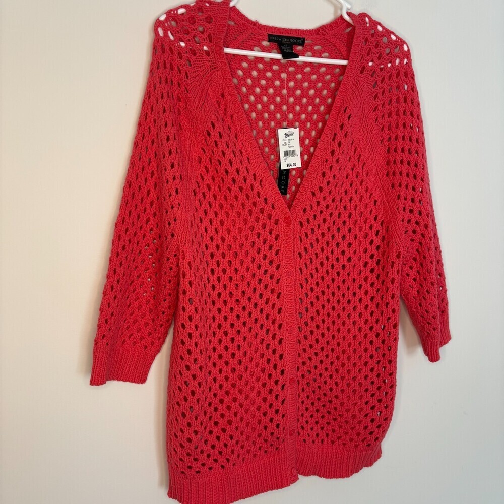 PRESWICK & MOORE NEW ButtonUp Cardigan Women 1X Teaberry Crochet Ribbed Hem Cuff